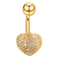 Golden heart-shaped belly button ring with pavé-set zircons and a curved steel bar - Style-JE0400B