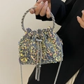 Chic silver holographic sequin bucket bag with metal handle and tassel drawstring - Grey Blue