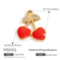 Red cherry charm pendant in stainless steel with gold leaf and measurement details - PJ92431-Red Cherry