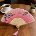 Pink gradient folding fan with cherry blossom and butterfly patterns and pink tassel - Style 18 (New Style)