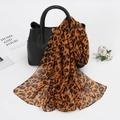 Caramel leopard print chiffon scarf draped over a black leather handbag on white background - XQ375 3# Dark Coffee Leopard