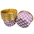 Stack of purple checkered muffin liners with gold metallic inner coating for baking - Single-sided Gold Purple Plaid