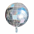 Silver holographic laser disco ball balloon with grid lines and colorful star details - 22 Inch / Laser Pink Aqua
