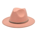 Detail of light pink wool fedora hat featuring a stylish flat brim and gold metallic band - Dusty Pink