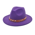 Detailed view of purple wool fedora hat featuring a brown leather band and metal studs - M (56-58cm) / Purple