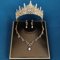 Exquisite bridal jewelry set with golden crown, necklace, and teardrop rhinestone earrings - Gold Style (SET-J042G)