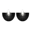 Bohemian black silk tassel earrings with vintage silver engraved fan-shaped charms - Black Fan Carved (#3807)