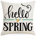 Linen pillowcase featuring a yellow flower and printed 'hello SPRING' text on beige base - 18x18 Inch / Hello Spring Daisy (LYD397-2)