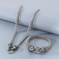 Silver stainless steel jewelry set with lion head charms and braided curb chain links - Bracelet 23cm + Necklace 65cm / Steel Color Jewelry Set