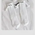 Funny 3D magnet hand-holding socks in white cotton with cute cartoon eyes and hands decoration - One Size / White