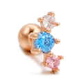 Three-stone rose gold cartilage stud with white, blue and pink cubic zirconia - Rose Gold Tri-Color Zircon