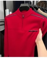 Men's half-zip knit sweater in solid red with striped shoulder details and mock neck - M / Red