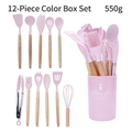 Set di 12 utensili da cucina in silicone rosa con manici in legno e secchiello portaoggetti - Set da 12 pezzi rosa