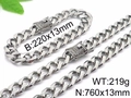 Set collana e bracciale a catena cubana argento 13mm con chiusura in strass luccicanti - Set Collana e Bracciale (KS96881-K) / 760x13mm/220x13mm / Argento