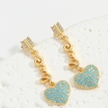 Elegant gold heart earrings with turquoise beads and Love lettering on stone - Blue Zirconia Heart