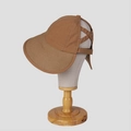 Detail of brown sun hat with ponytail hole design and cross elastic bands on mannequin - M (56-58cm) / Camel