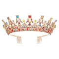 Detail of gold bridal tiara with colorful rhinestones and secure attachment combs - Deep Mixed Colors