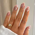 24pcs long square press-on nails in nude pink with delicate white daisy flower patterns - Bz1461 Soft And Gentle Jade Flower / Glue Type