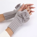 Light gray knitted fingerless gloves with bow decoration and ribbed wrist cuffs - Light Gray