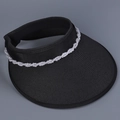 Macro shot of the elegant black open-top sun visor hat featuring white faux pearl trim - M(56-58cm) / Black