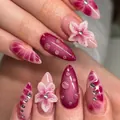24pcs short press-on nails with pink burgundy contrast and 3D floral rhinestone details - Bz1516 Bauhinia Skimming The Water / Glue Type