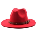 Classic red wool felt fedora hat featuring a brown leather band with metal rivets - One Size 58cm Circumference / Red