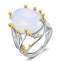 Bague rétro à bande large avec pierre de lune et motif de branche argentée - US 5 / Pierre de lune branche-AJZ117XS