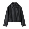 Veste femme en similicuir noir avec col à revers et fermeture éclair argentée sur blanc - S / Noir