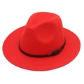 Detail of red wool felt fedora featuring a slim black leather band and silver buckle - M(56-58cm) / Orange Red