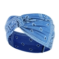 Close-up of blue paisley yoga headband featuring a twist knot design and elastic fabric - Blue Paisley Pattern (33)