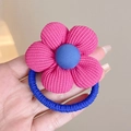 Pink knitted flower hair tie with blue elastic band for toddlers and girls - Rose Red Plaid Flower