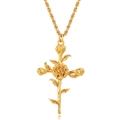 Golden rose flower cross pendant necklace with twisted rope chain on white background - October Marigold