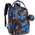 Detail of blue camouflage diaper bag with leather zipper pulls and side coin purse - Camouflage