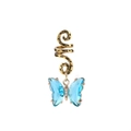 Close-up of gold spiral hair cuff featuring a faceted blue butterfly glass charm pendant - Blue Butterfly (FY0270)