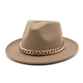 Classic camel Fedora hat with thick felt material and gold metal chain decoration - M (56-58cm) / Dark Khaki
