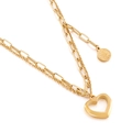 Double-layered gold stainless steel necklace with heart pendant and coin charm design - Gold Hollow Heart and Coin Style (KN119512-Z)
