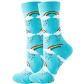 Detailed view of blue socks featuring colorful rainbow and cloud patterns for women - Blue Rainbow