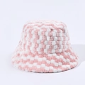 Close-up of soft plush texture on pink and white checkered winter bucket hat - M (56-58cm) / Pink