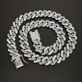 Iced out 14mm Cuban link chain necklace with blue pink rhinestones and box clasp - Dragon Clasp Half Blue Silver