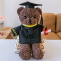 Cute brown graduation teddy bear wearing black academic regalia and holding diploma - Coffee Curly Graduation Bear - Yellow Collar / 30 cm