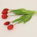 Artificial red tulips bouquet with five lifelike stems tied with raffia on white background - 5 Stems Bundle / Red
