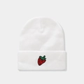 Close-up of white knitted beanie with detailed red strawberry embroidery on the fold - Strawberry / White