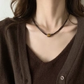 Close-up of model wearing oval tiger eye stone necklace with brown cord on collarbone - 7# Necklace - Silver-Brown (Oval Tiger Eye Stone Multi-strand Cord Style)