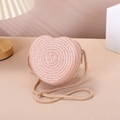 Pink heart-shaped woven straw crossbody bag with metal zipper for kids beach vacation - Dusty Pink