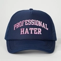 Navy blue trucker cap featuring pink Professional Hater embroidery and mesh back - Navy Blue