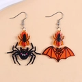 Halloween earrings featuring asymmetric spider and bat wing designs in orange and black - 19 Orange Black Spider Bat