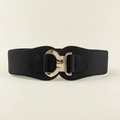 Close-up of a wide black elastic belt featuring a geometric gold metal buckle detail - Black