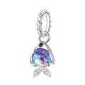 S925 sterling silver purple fish charm with iridescent scales and blue gemstone eye - Mermaid Whale (Purple)