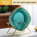 Lot de 6 assiettes en verre vert émeraude de luxe avec support de rangement doré - Vert Émeraude (6 PC + Support)