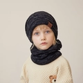 Winter knit hat and neck warmer set for children in dark gray melange with warm fleece lining - 2-Piece Set (Hat + Scarf) / Black